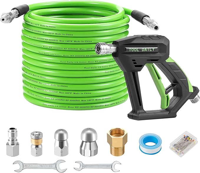 Tool Daily Sewer Jetter Kit for Pressure Washer 50 FT, Short Power Washer Gun, Drain Cleaner Hose 1/4 Inch NPT, Corner, Rotating and Button Nose Sewer Jet Nozzle, 3600 PSI