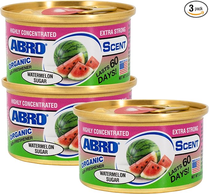 ABRO Car Air Fresheners: Canned, Spill Proof Airfreshener for Home, Office, or Car Accessories Interior, Lasts Up to 60 Days - 3 Pack Watermelon Sugar