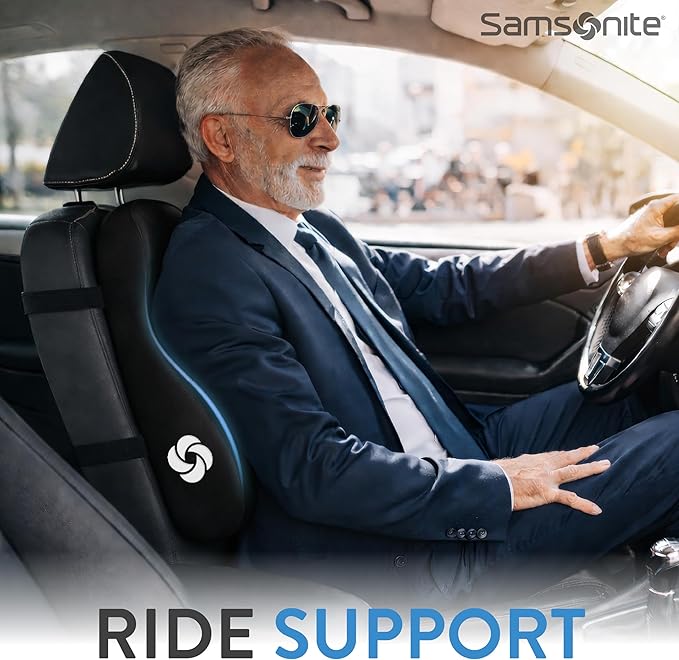 Samsonite Memory Foam Lumbar Support Pillow, Ergonomic Back Cushion for Office Chair, Gaming Chair, Automotive Full Back Support, Home Essentials for Sitting Comfort and Posture Relief, Black