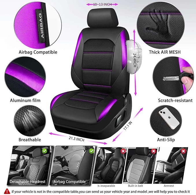 CAR PASS Memory 3D Foam Car Seat Covers Full Set,Breathable Mesh Thick Seat Covers for Car,Purple Metal Film Leather Seat Covers,Universal Automotive Comfort for SUVs Trucks,Black Purple