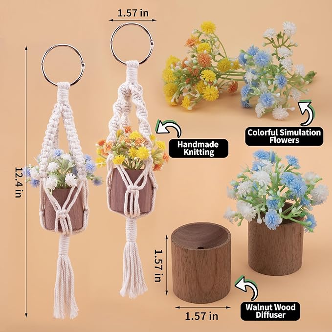 2pcs Plant Flower Car Hanging Air Freshener Accessories with Wooden Essential Oil Diffuser Cute Car Rear View Mirror Hanging Accessories for Home Office Decor