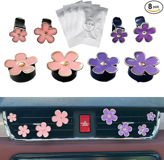 8pcs Cute Five-Petal Flower Car Air Vent Fragrance Clip Daisy Car Air Freshener Air Conditioning Outlet Clip Car Inter Decor (light pink purple, Ocean)
