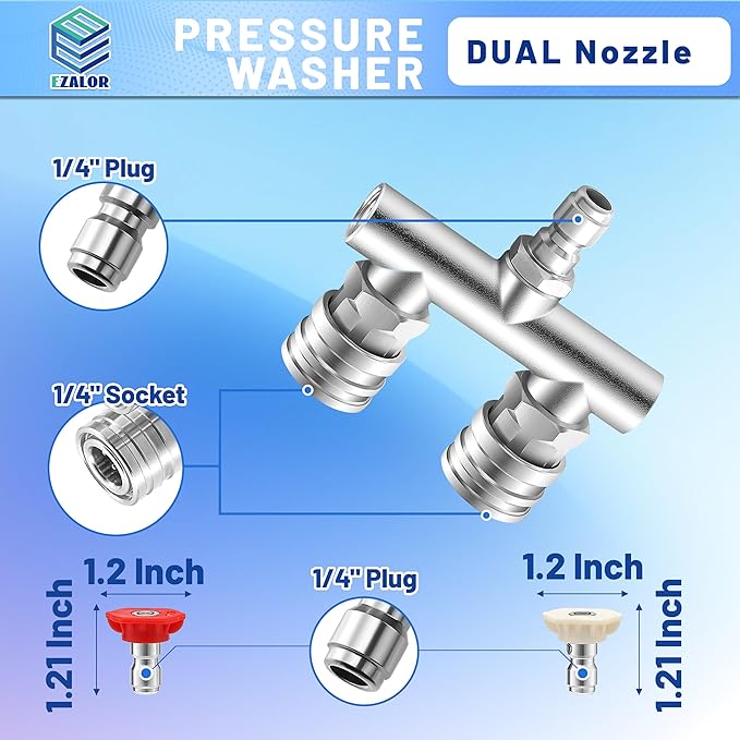 Dual Pressure Washer Tips, 2-in-1 Pressure Washer Nozzle Tips, Pressure Wash Dual Nozzle with 4PCS Power Washer Spray Nozzles (0 Degree Red & 40 Degree White), 1/4 Inch Quick Connect, 5000 PSI