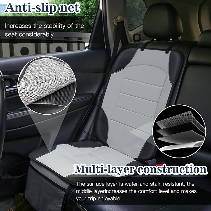 Sinvitron Car Seat Protector for Child Car Seat - Waterproof Non-Slip Leather Mat with 2 Mesh Pockets, Universal Seat Cover for Baby, Pets & Vehicles(2-Pack, Grey)