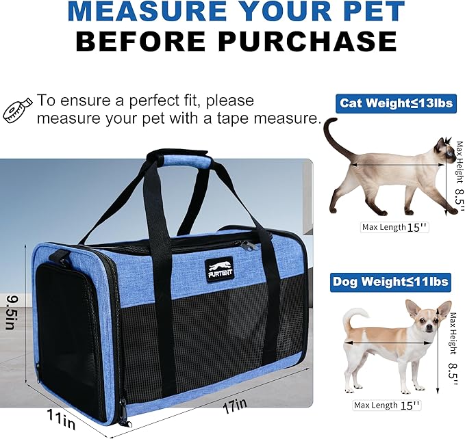 Pet Carrier Airline Approved, Soft Sided Cat Carrier for Small Pets up to 13 lbs, TSA Approved Dog Travel Bag with Foldable Bowl, Portable Soft Sided Pet Carrier for Kittens and Puppies