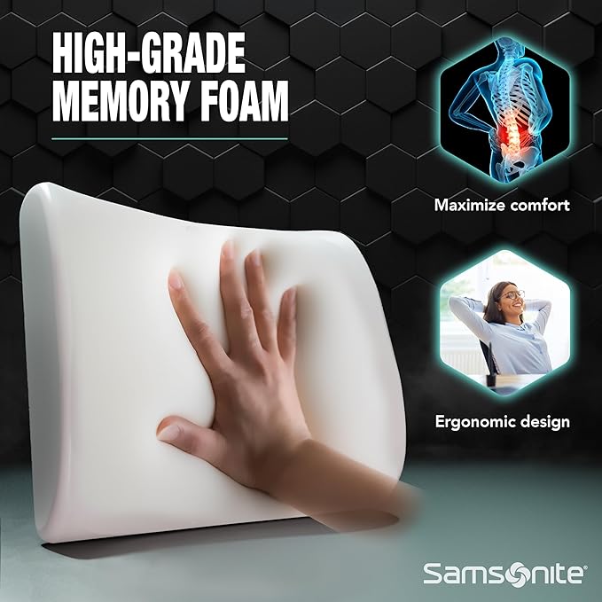 Samsonite Memory Foam Lumbar Support Pillow for Office Chair, Gaming Chair & Car Seat Automotive Use, Ergonomic Back Cushion, Home Office Essentials for Sitting Comfort and Posture Relief Back Support