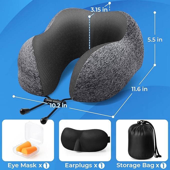 Travel Pillow, 2 Pack Travel Pillows for Sleeping Airplane, Neck Pillow Airplane, Memory Foam Neck Pillow Set with Eye Mask, Earplugs and Storage Bag -Grey & Pink