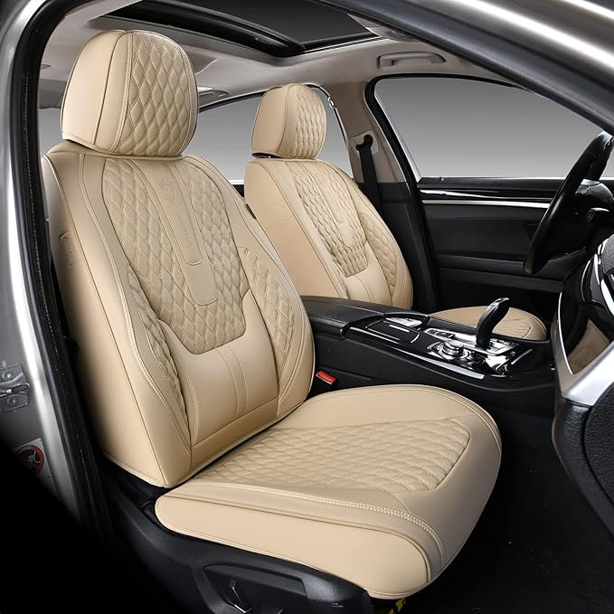 Coverado Front Seat Covers, Car Seat Covers Front Seats, Nappa Leather Seat Covers for Cars, Waterproof Seat Covers with Lumbar Support Universal Fit for Most Cars SUV Trucks (Front, Beige)