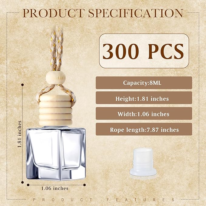 Zubebe 300 Pcs 8ml Hanging Car Air Freshener Diffuser Bottle Bulk Empty Clear Glass Perfume Bottles Refillable Aromatherapy Essential Oils Pendant for Auto Interior Ornaments Decoration (Cube)