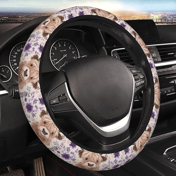 Highland Cow Print Steering Wheel Cover Car Accessories for Men Women with 2 Air Freshener, 15 Inch Anti-Slip Steering Wheel Covers Universal Fit