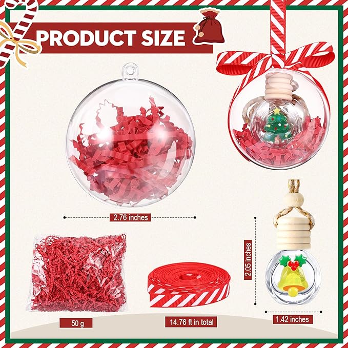 Remerry 20 Pcs Christmas Employee Appreciation Gifts Xmas Hanging Car Air Freshener Diffuser Empty Glass Perfume Bottle with Clear Plastic Ornament Ball Ribbon for Essential Oil Fragrance