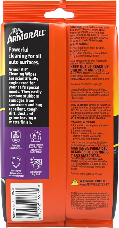 Armor All Car Interior Cleaner Wipes, Interior Cleaning Wipes for Cars, Trucks, Motorcycles, 60 Each (Pack of 3)