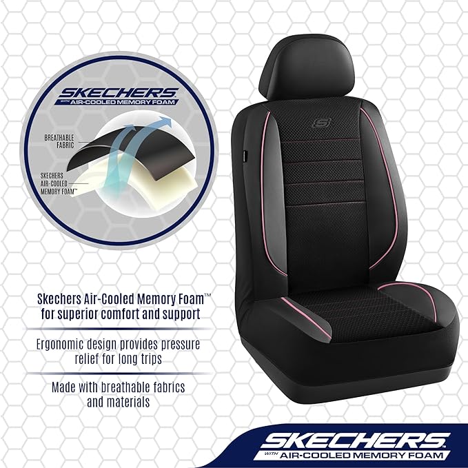 Skechers Air-Cooled Memory Foam Seat Covers,Mesh Thick Car Seat Covers,Piping Leather Car Seat Cover,Airbag Compatible,Automotive Comfort for Most Cars, Vans, Trucks, SUV(Pink, Full Set)