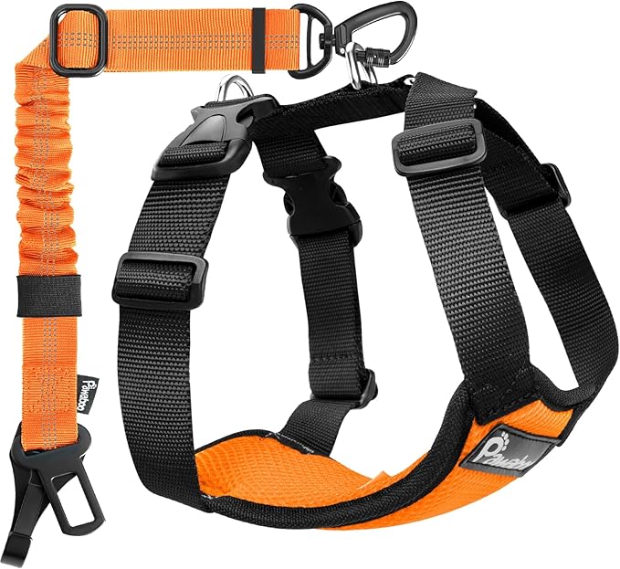 Pawaboo Dog Seat Belt Harness for Car, Dog Car Harness Seatbelt with Double Clips, Adjustable Breathable Pet Vest & Dogs Safety Tether with Elastic Bungee for Small Medium Large Pet, S, Orange/Black