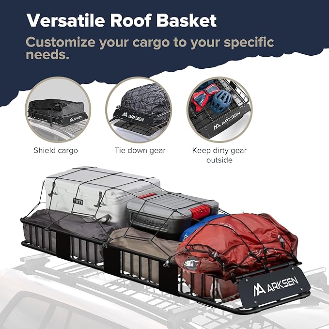 ARKSEN 84"x23"x6" Roof Rack Skinny Cargo Carrier with Basket, Net & Ratchet Straps Heavy Duty Weather Resistant Top Mount Cargo Rack, Luggage & Camping Gear Storage for Car, Truck or SUV Transport