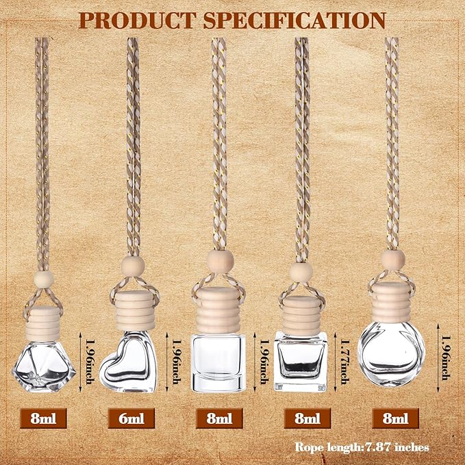 50Pcs 8ml&6ml Hanging Car Air Freshener Diffuser Empty Clear Glass Essential Diffuser Oil Aromatherapy Fragrance Perfume Pendant Glass Vials with Wooden Caps Car Diffuser Air Freshener