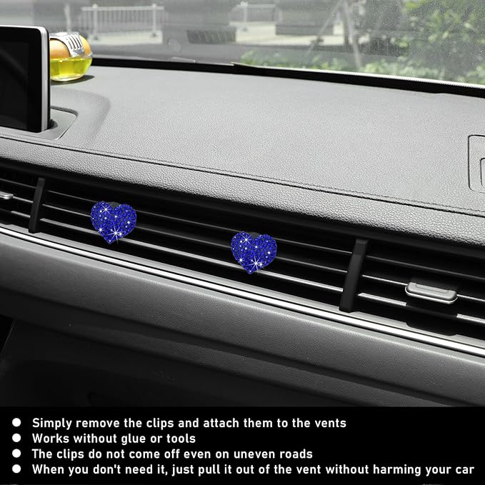 Ziciner 2PCS Bling Heart Car Air Vent Clips Charms, Heart Shaped Crystal Air Freshener Vent Clips, Rhinestone Air Conditioning Outlet Clip, Car Decor Accessories for Women Girls (Dark Blue)