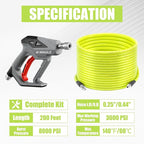 M MINGLE Sewer Jetter Kit for Pressure Washer 200 FT, Drain Cleaner Hose with Power Washer Gun, 1/4 Inch NPT Corner Rotating and Button Nose Sewer Jetting Nozzle, Orifice 4.0, 4.5