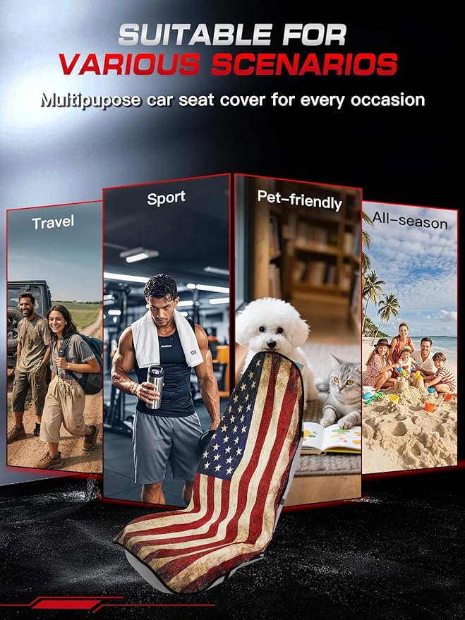 American Flag Car Seat Towel Protector (1-Pack), Waterproof Sweat-Proof Non-Slip Cover for SUV, Truck & Sedan, Patriotic Seat Mat for Gym & Beach, Washable & Easy Install, Ideal Celebration Gift