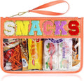 Snack Bag for Travel - Clear Chenille Varsity Letter Flat Pouch with Zipper, 12.2×8.46 inch Waterproof Clear Nylon Preppy Patch Makeup Cosmetic tote Bags for Women Girls