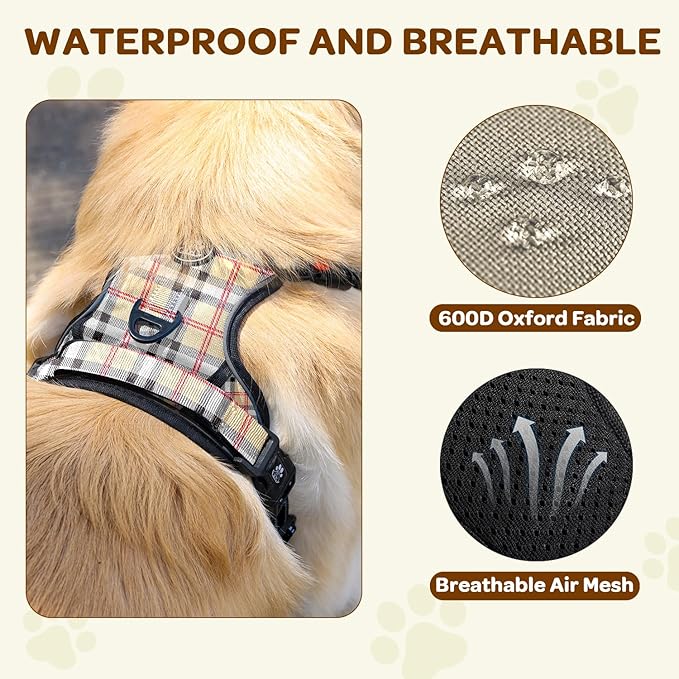 FURRYFECTION Plaid Dog Harness for Medium Dogs, Reflective No Pull Adjustable Pet Vest with Front Clip, Leash, Easy Control Handle and Seat Belt, Beige&White, M