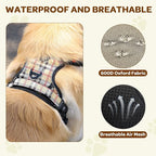 FURRYFECTION Plaid Dog Harness for Large Dogs, Reflective No Pull Adjustable Pet Vest with Front Clip, Leash, Easy Control Handle and Seat Belt, Beige&White, XL