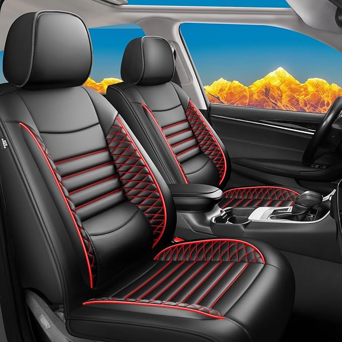 Fit Camry Car Seat Covers for Toyota Camry 2012-2024 2025 2026 - Upgraded Premium Waterproof & Breathable Leather, Airbag Compatible, All-Weather Seat Cushion Protector (2 Front/Black+Red)