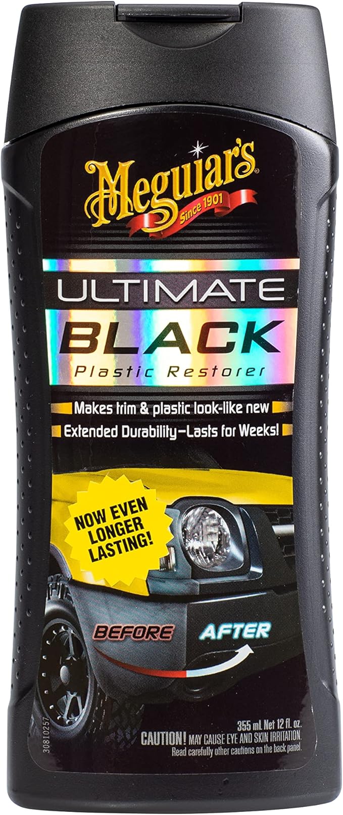 Meguiar's Ultimate Black Plastic Restorer, Durable Car Restorer for Faded Black Plastic, Vinyl, and Rubber, Restores Deep Color and Shine, for Car Guys, 12 Oz