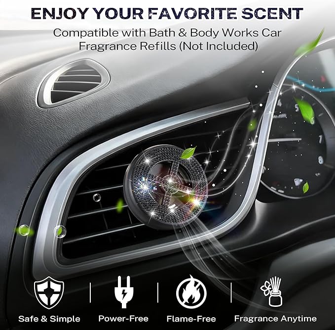 Car Fragrance Holder Compatible with Bath & Body Works Refills (Not Included), Air Freshener Vent Clip or Visor Clip, Refillable Scent Holder, Easy to Open Car Diffuser (Black,Diamond)