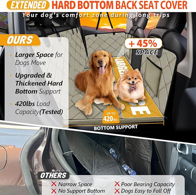 Back Seat Extender for Dogs-Large Space, Dog Car Seat Cover Hard Bottom Holds 420lbs, Sturdy Backseat Extender for Dogs, Upgraded Waterproof Pet Car Bed Dog Hammock for Car SUV, Truck Khaki