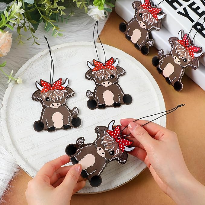 Loopeer 9 Pcs Christmas Highland Cow Air Freshener Cute Cow Print Car Accessories Hanging Gifts for Women Christmas Tree Ornaments Party Hips Gifts for Aromatic Car Home Decorations