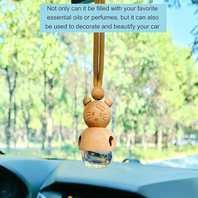 2 Pack Hanging Car Air Freshener Diffuser, Refillable Glass Bottle with Wooden Cap, Long Lasting Drift Car Air Freshener for Essential Oils - Car Fresheners, Car Accessories-A3