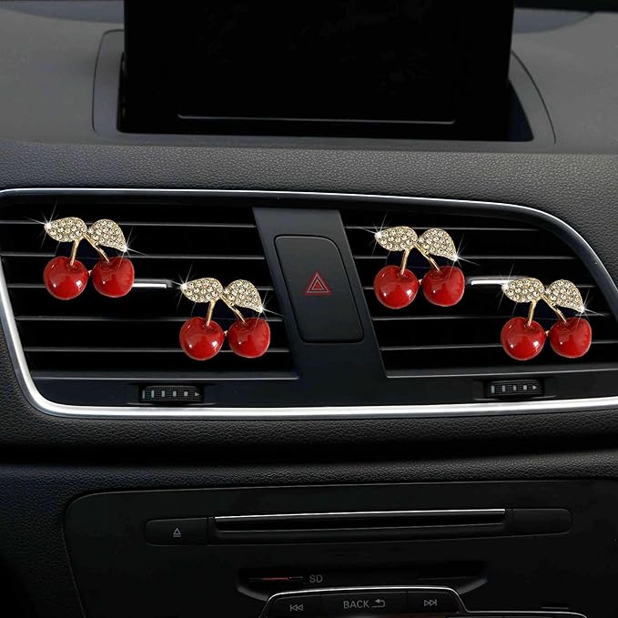 4Pcs Cherry Car Air Vent Freshener Perfume Clip, Rhinestone Air Outlet Fragrance Perfume Clip Freshener, Car Decor（Cherry Flavour）