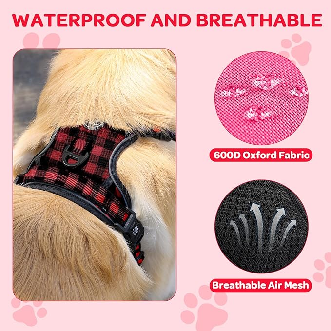 FURRYFECTION Plaid Dog Harness for Large Dogs, Reflective No Pull Adjustable Pet Vest with Front Clip, Leash, Easy Control Handle and Seat Belt, Red&Black, L