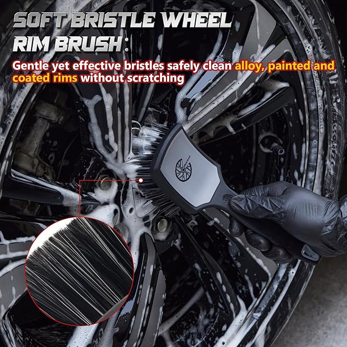 Wheel & Tire Brush Set, 2 Pack Car Wheel Brush & Tire Cleaner Brushes, Soft Bristle Rim Brush and Stiff Tire Scrub Brush, Scratch-Free Wheel Cleaning Kit for Car Detailing, Trucks, SUVs