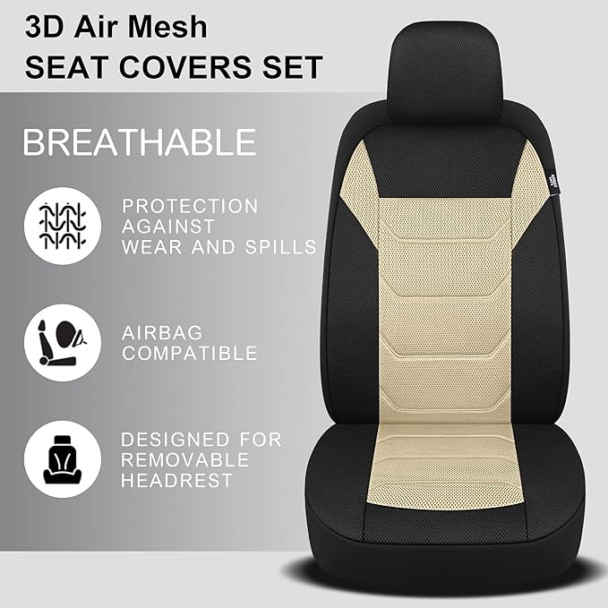 3D Air Mesh Car Seat Cover Full Sets Washable and Breathable Premium Cloth Automotive Vehicle Seat Covers for Cars Interior, Universal Fit for Most Cars, Sedan, Truck, SUV(Black/Beige)