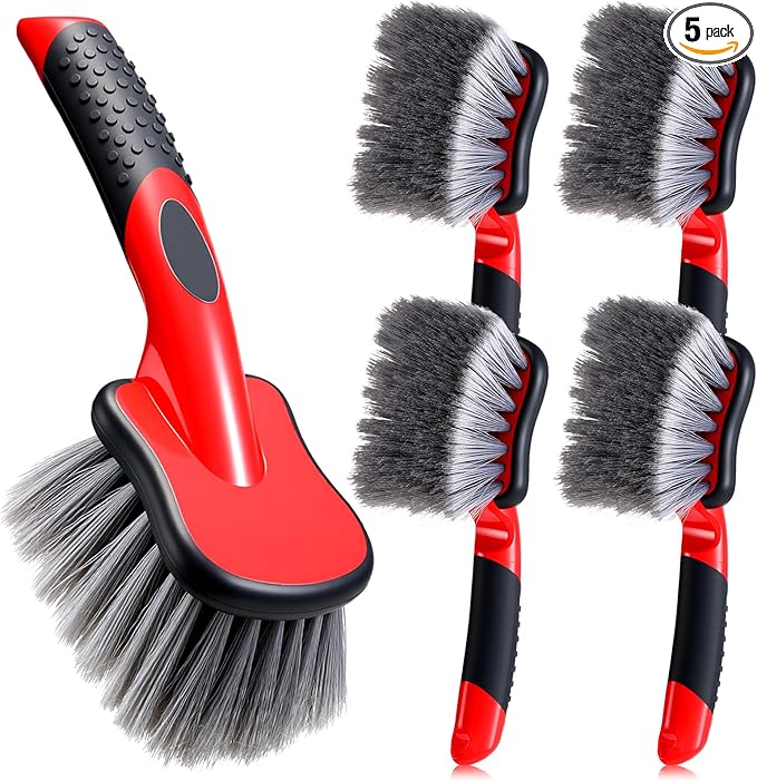 LemonRoad 5 Pack Car Wash Brushes Wheel Cleaner and Tire Brush for Car Detailing Bristle Fender Cleaning Supplies 10.3 inch Short Handle for Rim Carpet Truck SUV Moto RV Motorcycle