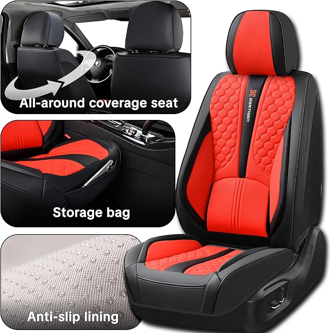 Car Seat Cover Set, Red Automotive Interior Accessories, Universal Fit, with Lumbar Support, Premium Nappa Leather, Waterproof, Non-Slip, Easy Installation, Fits SUVs, Pickups, Sedans