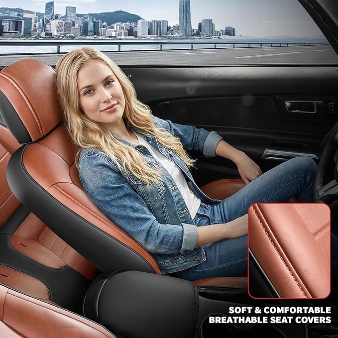 for Ford Mustang Convertible Seat Cover 2015 2016 2017 2018 2019 2020 2021 2022 2023 2024 2025 2026 Custom Fit Seat Cover Full Set (Convertible-Brown+Black)