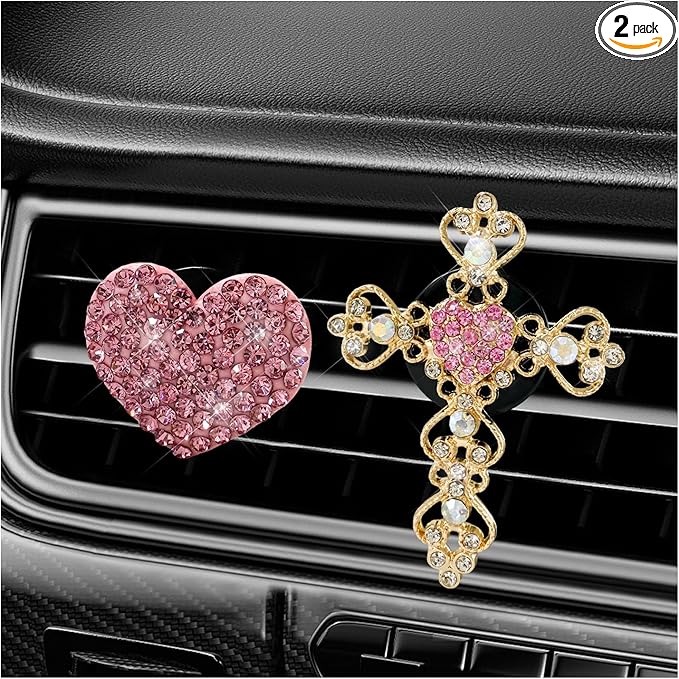 2 PCS Bling Car Vent Clip, Crystal Rhinestone Cross and Heart Car Air Fresheners Vent Clips, Diamond Car Air Conditioner Outlet Decoration Charm for Women, Car Accessories (Pink)