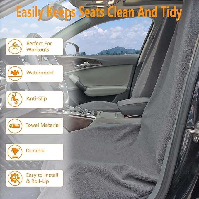 Towel Car Seat Covers - Super Absorbent Front Seat Protectors for Gym, Pets & Travel | Quick-Dry Towel Fabric | Universal Non-Slip Fit for Sedan, SUV, Truck (1 Pack Grey)