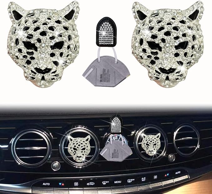 2 Pcs Silver Bling Leopard Air Vent Clips, Crystal Car Air Fresheners Vent Clips Diffuser Vent Clip Rhinestone Leopard Decoration Car Interior Decor Bling Accessories, Automotive Air Fresheners