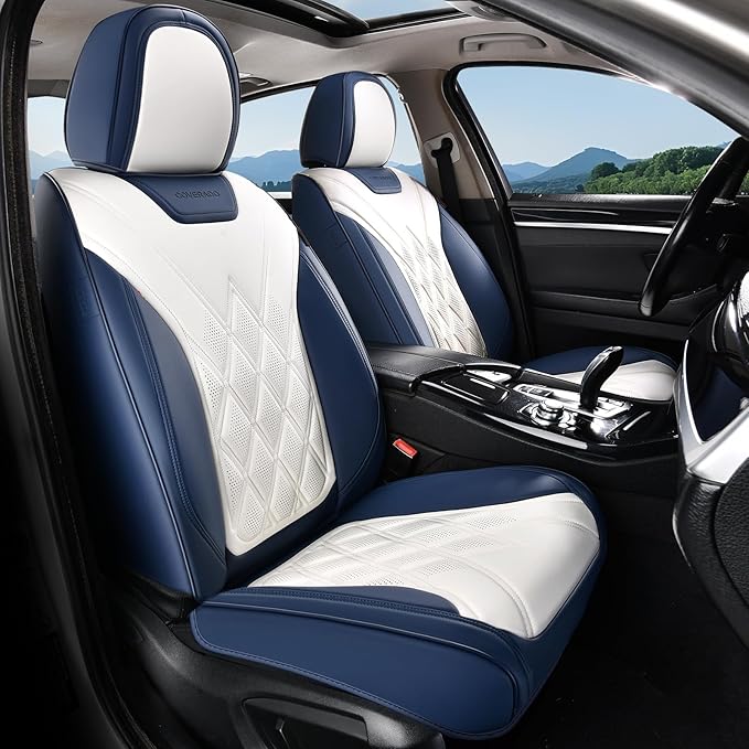 Coverado Car Seat Covers, Front Covers for Cars, Car Seat Cover Front Seats, Automotive Seat Cover, Waterproof, Leather Car Seat Cushion, Universal Interior Seat Protectors for Most Cars Blue-White