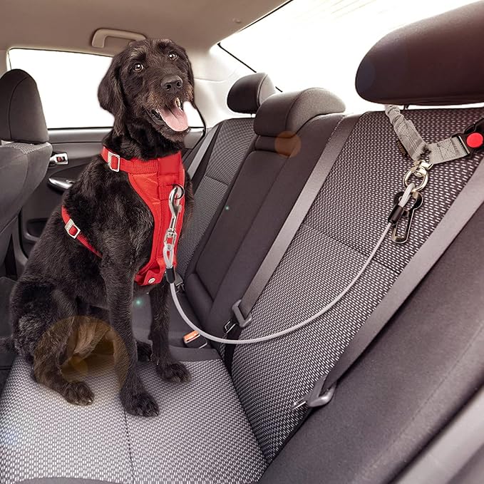 Chew Proof Dog Car Seat Belt, 2 in 1 Steel Cable Dog Car Accessories Headrest Restraint for Medium Large Dogs Chewer Heavy Duty Dog Seatbelts for Cars Swivel Attach