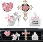 4PCS Bling Air Vent Clips, Crystal Diamond Heart Cross High Heel Shoe Perfume Bottle Diffuser Vent Clip Cute Rhinestone Car Accessories Decoration for Women (Pink)