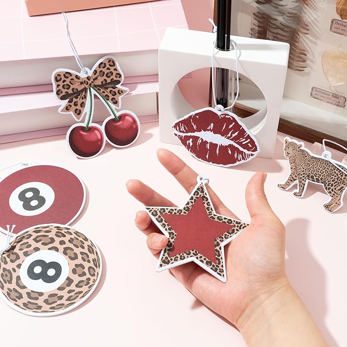 Trendy Red Leopard Car Air Fresheners - 12Pcs Retro Preppy Cheetah Lucky 8 Ball Stars Freshener Hanging Ornaments for Women, Interior Air Refresh Decoration for Car Mirror Birthday Gifts Home