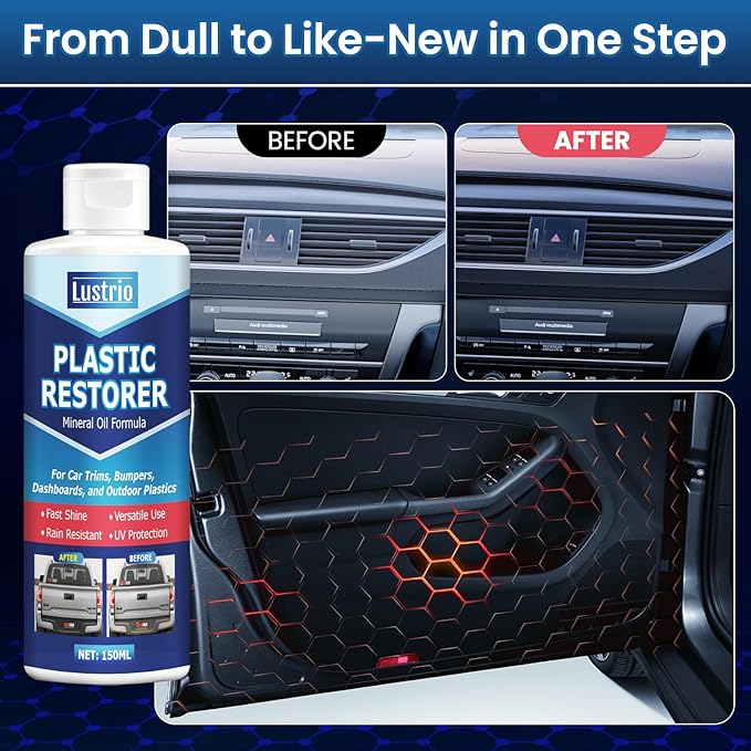 Plastic Trim Restorer – Long Lasting UV Protection Restores Like New, Prevents Fading & Cracking – Easy Application with Applicator for Car Interior & Exterior Bumpers, Vinyl, Rubber – 5oz/150ml