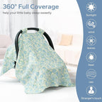 SERAPHY 100% Muslin Cotton Car Seat Cover Baby, 2 Pack Universal Carseat Covers Baby Boy Girl, Breathable Car Seat Canopy, Soft Infant Car Seat Cover for Summer and Winter—2 Pcs Blue&Flowers