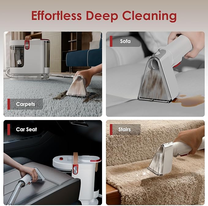 Portable Upholstery and Carpet Cleaner Machine, 15Kpa Spot Cleaner Deep Cleans Pet Stains, Couch Cleaner with 3 Tools and Self-Cleaning System for Area Rugs, Furniture, Stair, Car, Scarlet