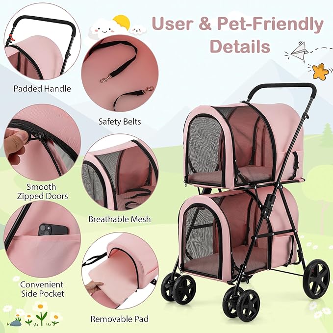Giantex Double Pet Stroller with 2 Detachable Carrier Bags, Safety Belt, 4 Lockable Wheels, Folding Cat & Dog Stroller for Small Medium Pets, Cats Dogs Puppy Travel Strolling Cart (Pink)